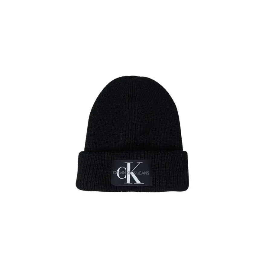 
                      
                        Black Calvin Klein beanie hat with logo for women.
                      
                    