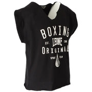Black sleeveless v-neck t-shirt with white boxing leone original sport team graphic and stylized boxing glove emblem