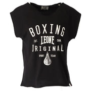 Black short-sleeved cotton t shirt featuring white boxing leone original graphic with a boxing bag illustration
