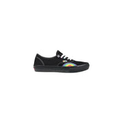 Black Vans Women’s Leather Sneakers featuring vibrant rainbow detail on the side