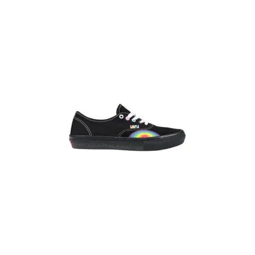 Black Vans Women’s Leather Sneakers featuring vibrant rainbow detail on the side
