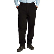 Men’s black cargo pants featured with a light blue shirt in a fashion product image