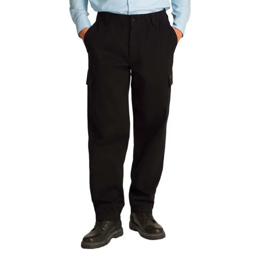 Men’s black cargo pants featured with a light blue shirt in a fashion product image