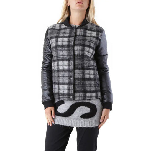 Black checked long wool jacket with front pockets featuring black and gray plaid bomber style and leather sleeves