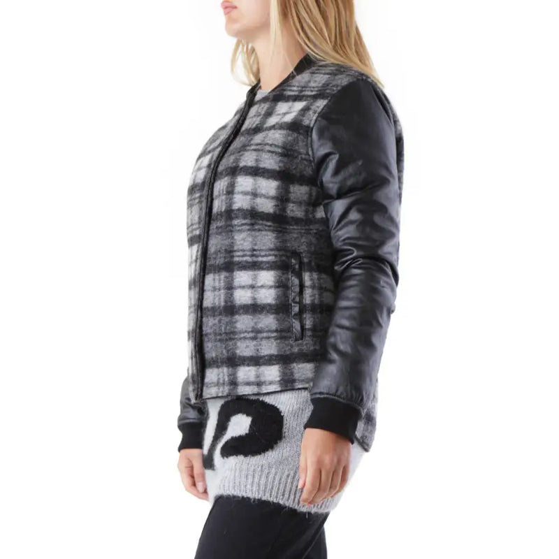 Black and gray plaid bomber jacket with leather sleeves featuring front pockets in long wool material
