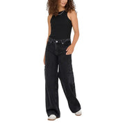 Schwarze, weit geschnittene Jeans aus Baumwollmischgewebe für Damen mit Cargotaschen und hohem Bund