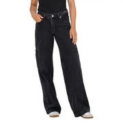 Black cotton blend wide-leg jeans for women with cargo pockets and a faded distressed finish