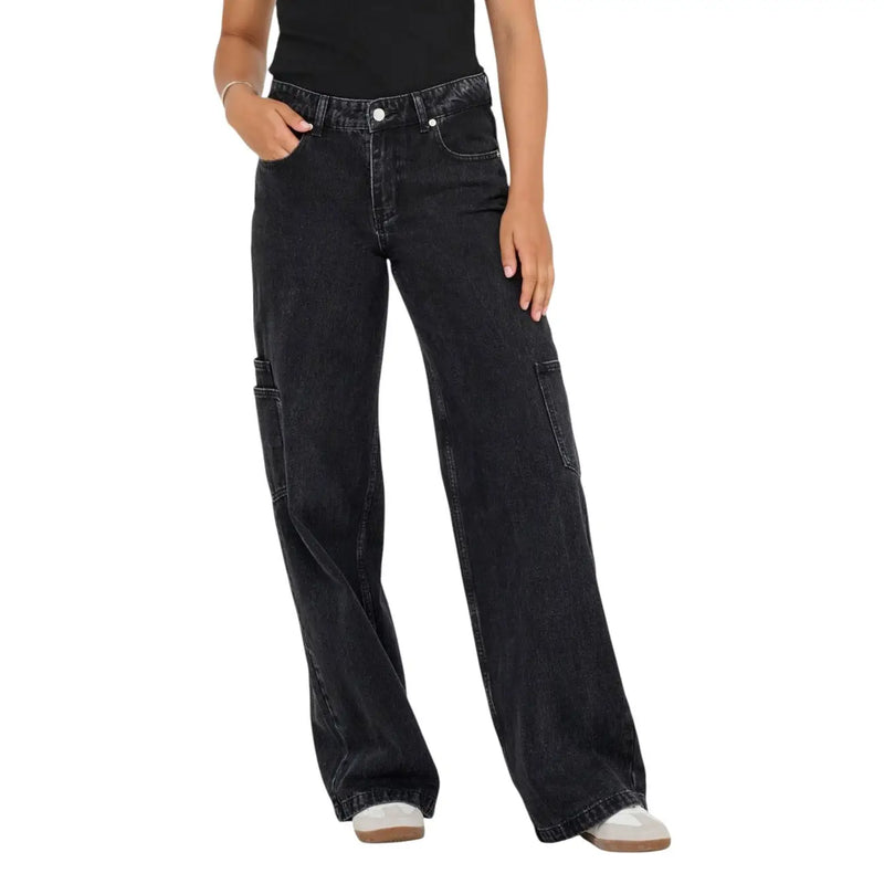 Black wide-leg cotton blend womens jeans with cargo pockets and distressed finish