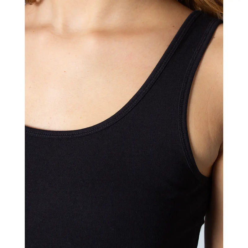 Black cotton blend sleeveless tank top for women with ribbed texture square neckline and seamless shoulder straps