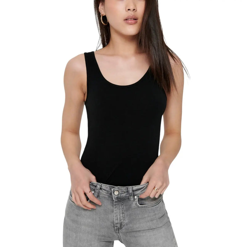 Black cotton blend sleeveless tank top for women with a fitted silhouette and rounded neckline