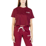 Schwarzer Damen-Rundhals-Pullover aus bedruckter Baumwolle t-shirt mit kastanienbraunem Schnitt und Weiß Icon Logo