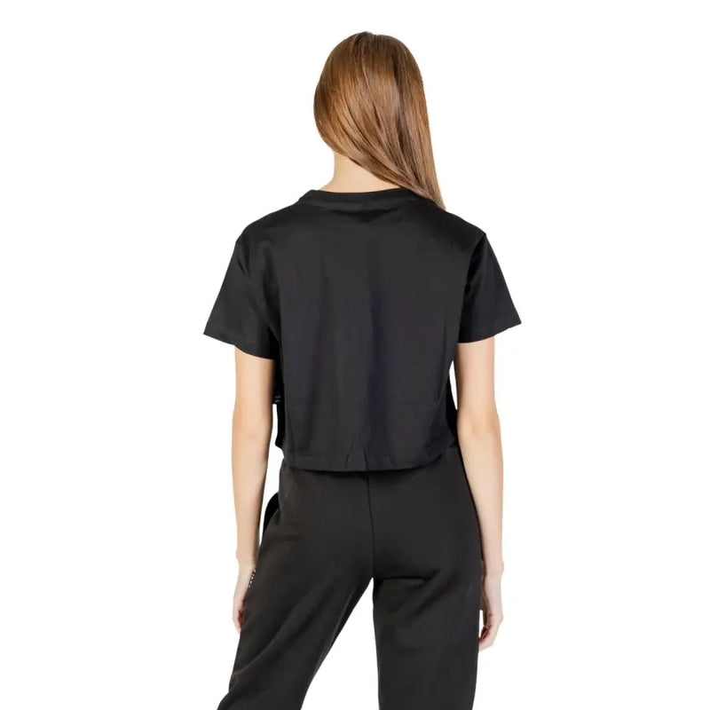 Schwarzes, bedrucktes, kurzärmeliges Crop-Top aus Baumwolle für Damen T-shirt mit rundem Halsausschnitt und Seitenschlitzen