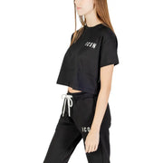 Schwarzer Damen-Rundhals-Pullover aus Baumwolle mit Print T-Shirt mit Icon Drucken