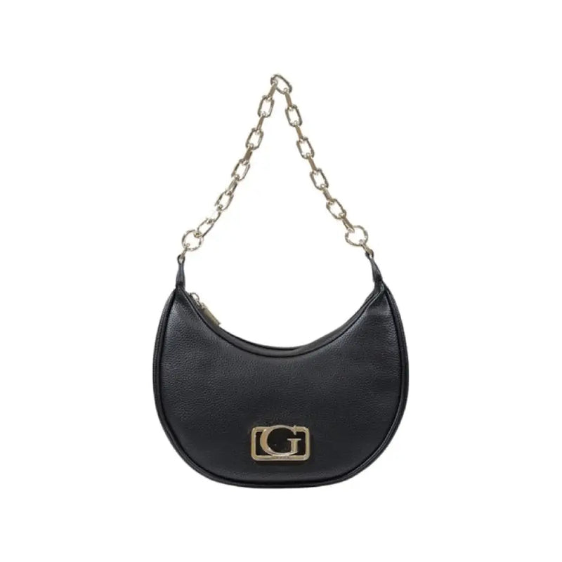 Black crescent-shaped purse with chain strap and gold logo for elegant accessory