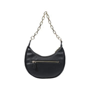 Black crescent-shaped purse with silver chain strap and Gold Logo design