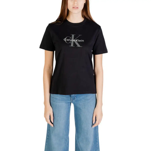 Schwarzer Rundhalsausschnitt T-shirt mit Calvin Klein Logo in Weiß und Grau für Frauen