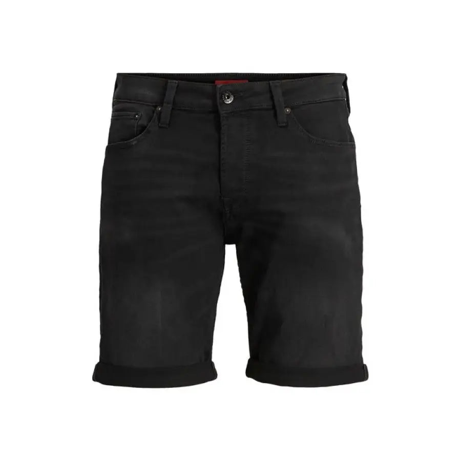 Jack & Jones men shorts in black denim with red waistband, perfect for urban city fashion