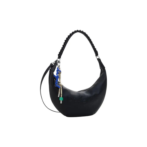 Black crescent-shaped Desigual polyurethane shoulder handbag with braided strap and colorful charm