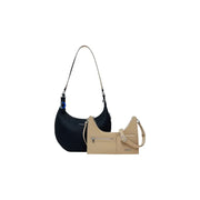 Black crescent-shaped and beige rectangular synthetic leather handbags for women