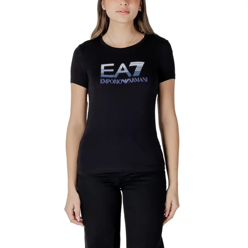 Black EA7 Emporio Armani short-sleeved t shirt with a bold shimmering silver and blue logo on the front