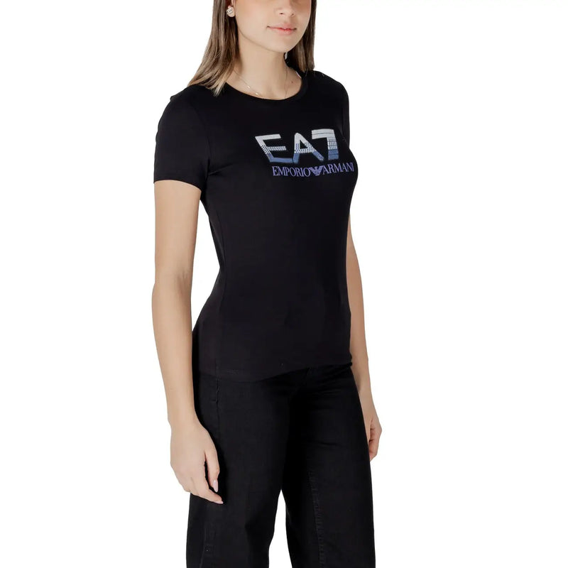 Black EA7 Emporio Armani short-sleeved t shirt with a blue and silver gradient logo on soft cotton fabric