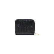 Black embossed zip-around wallet with sleek design and secure closure