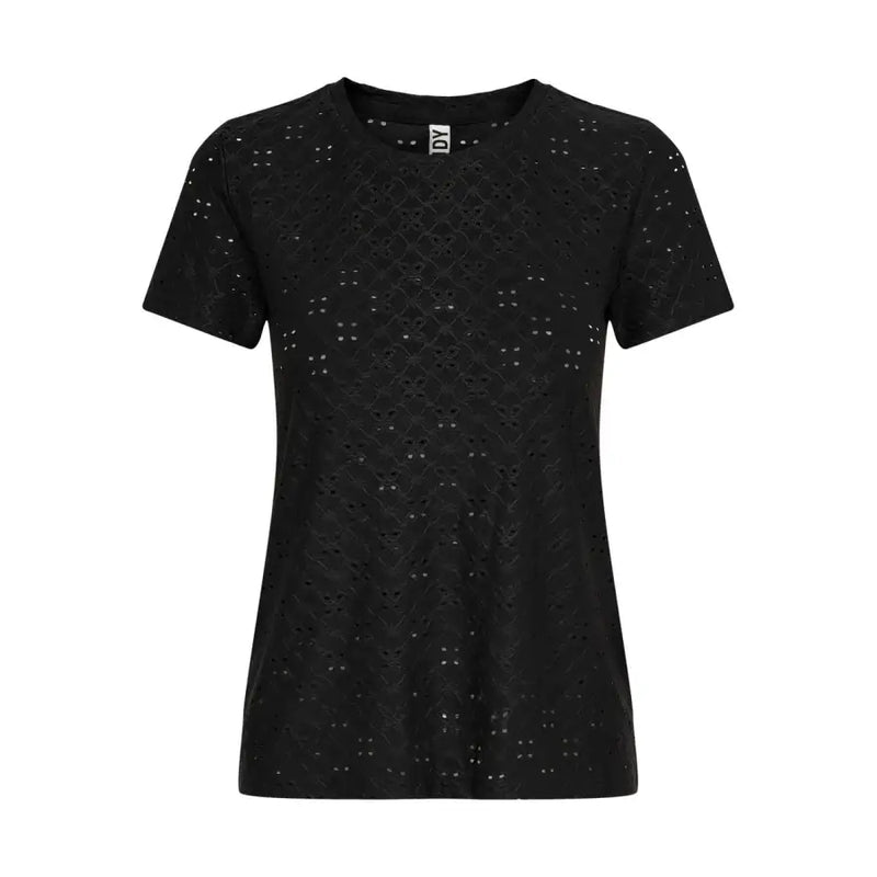 Black eyelet lace short-sleeve top from Jacqueline De Yong Women Black Plain Round Neck T Shirt