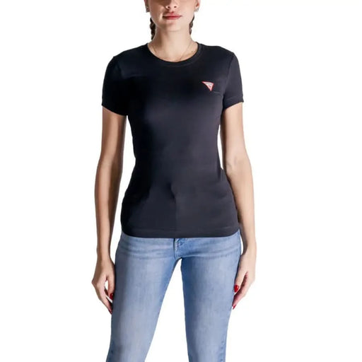 Black fitted t-shirt featuring a small red triangle logo from Guess Women’s collection