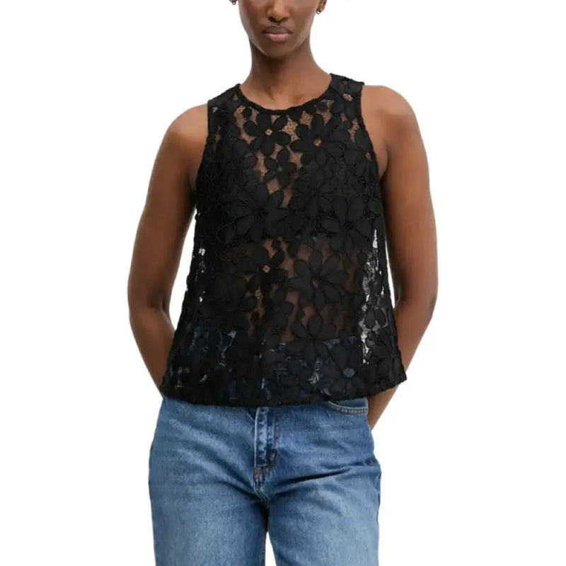 Black floral lace tank top from the Blue Floral Lace Top and Pants Set collection