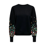 Black floral round neck sweatshirt for women with colorful floral embroidery along the sleeves