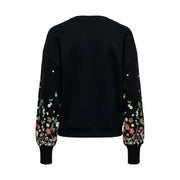 Black floral round neck sweatshirt for women with colorful floral embroidery and white bead accents on sleeves and shoulders