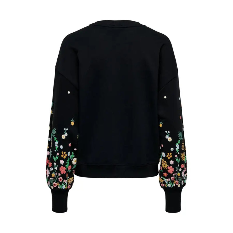 Black floral round neck sweatshirt for women with colorful floral embroidery and white bead accents on sleeves and shoulders