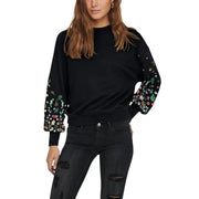 Black floral round neck long-sleeved sweatshirt for women with embroidered cuffs
