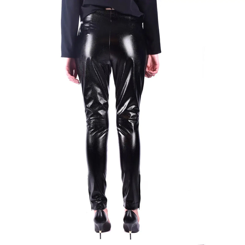 Black glossy viscose leggings by Twinset women featuring slim fit snakeskin-patterned faux leather pants