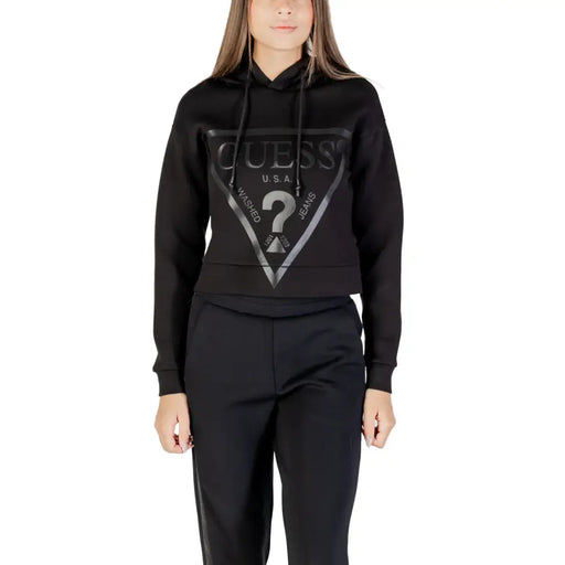 Schwarz Guess Kurzer Hoodie mit auffälligem dreieckigem Logo für Guess Active Beigefarbenes Damen-Sweatshirt