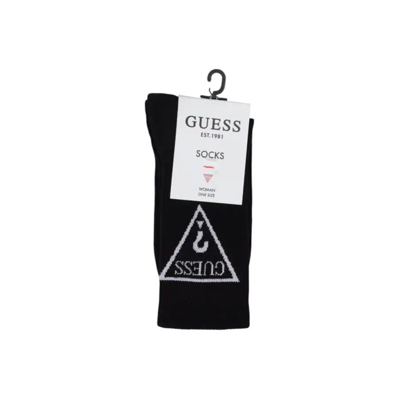 Black Guess sock in black featuring a white triangular logo with brand name and hook symbol displayed on a hanger