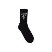 Black Guess sock in black featuring a white triangular logo with the brand name and question mark on the back side