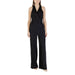 Black sleeveless halter-neck wide-leg jumpsuit displayed in a fashion product image