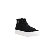 Black high-top sneaker with white platform sole displayed in product listing