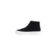 Black suede high top sneaker with white platform sole featuring a sleek design for casual wear