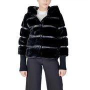 Black hooded polyester blazer for women with black faux fur hood and horizontal satin stripes detail