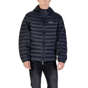 Black hooded puffer jacket in quilted design with subtle white logo on the chest for cold weather use