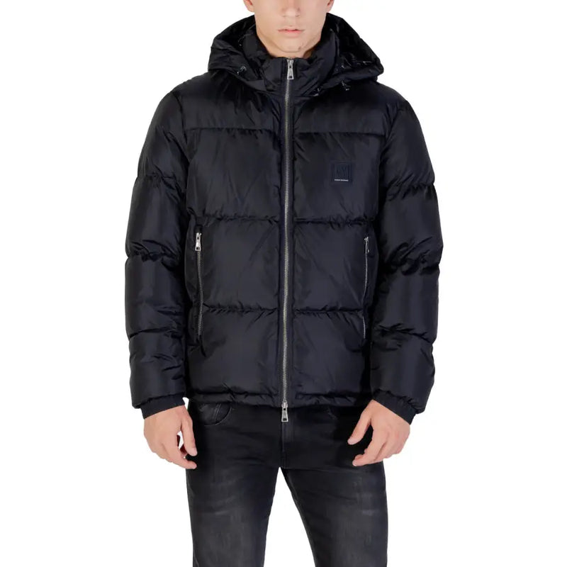 Black hooded puffer jacket displayed in the product listing for men’s outerwear