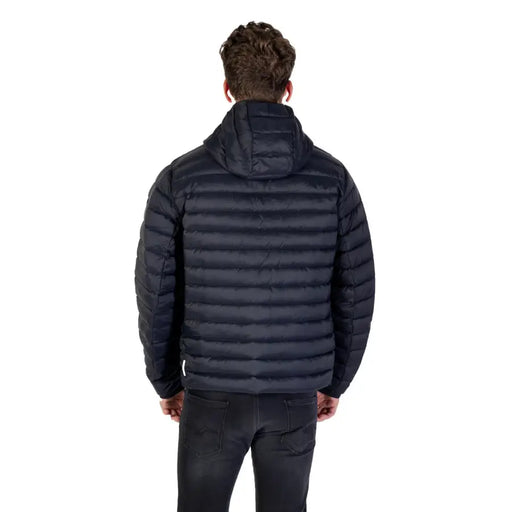 Black hooded puffer jacket displayed in a product image suitable for online retail