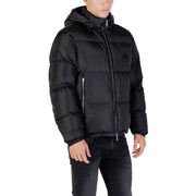 Black hooded puffer jacket with quilted design and small black logo patch on the chest