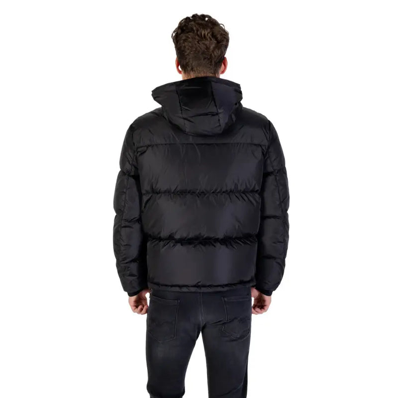 Black hooded puffer jacket displayed in the product image, suitable for cold weather