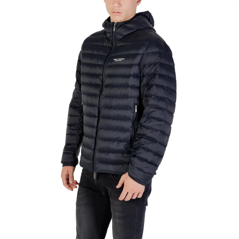 Black hooded puffer jacket with quilted design and subtle white logo on the chest for cold weather wear