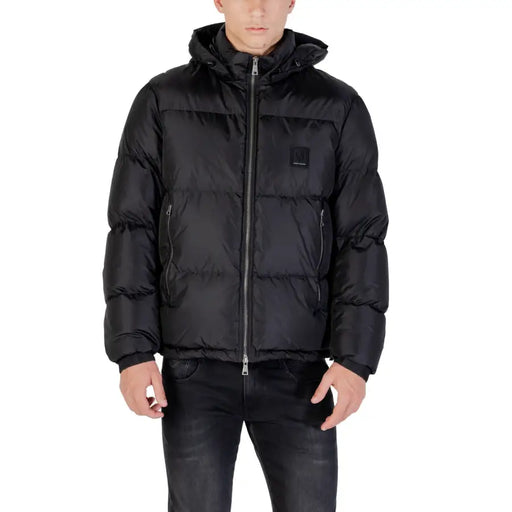 Black hooded puffer jacket displayed for the Black Hooded Puffer Jacket product
