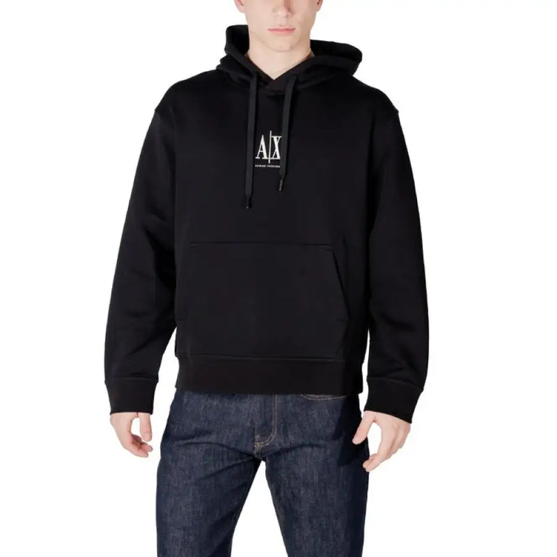 Black hooded sweatshirt from Armani Exchange Men’s collection for casual styling