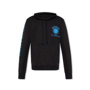 Schwarzer Kapuzenpullover mit blauem Logo und Grafiken auf Brust und Ärmel aus Diesel-Gewebe